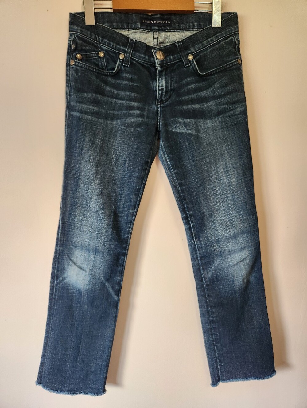 Vintage Y2K Rock & Republic Low Rise Raw Hem Blue Jeans Size 26 McBling Grunge